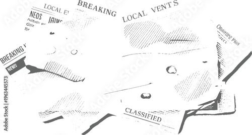 Collage of newspaper clippings with headlines like breaking news local vents and classifieds