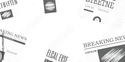 Scattered newspaper clippings with headlines and on a white background breaking