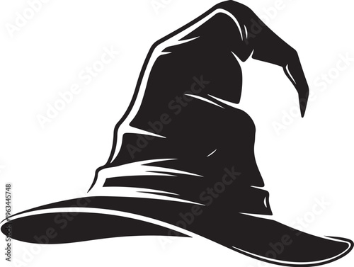 Black wizard hat, witch hat icon, magic hat silhouette, fantasy headwear