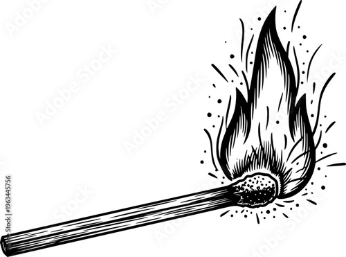 Black and white of a lit match with flames and sparks a white background fire burning