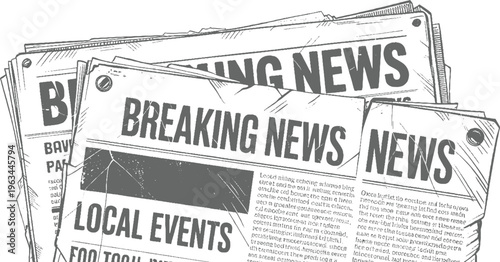 Stack of newspapers with breaking news and local events headlines in a sketchy style