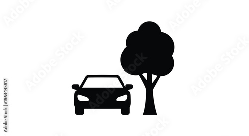 A car parked near a tree black graphic representation silhouette