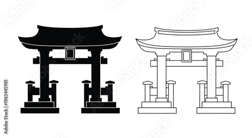 Traditional japanese torii gate design in black and white silhouette