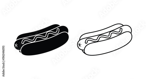 Two hot dog illustrations one solid and one outlined silhouette