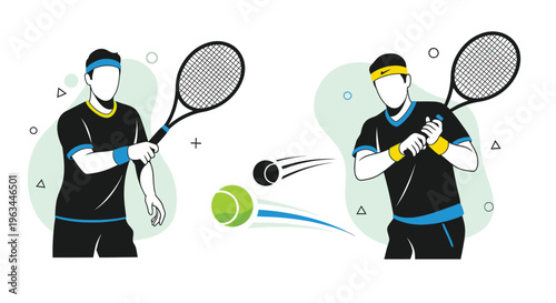 Illustration of two tennis players preparing to hit a green ball
