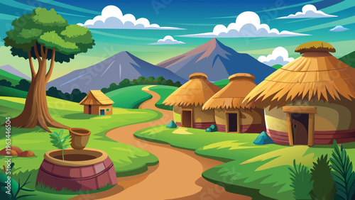 A serene landscape illustration featuring a rustic village path leading towards large mountains