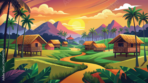 A serene tropical village nestled among lush green hills under a vibrant golden sunset sky