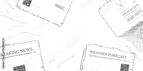 Four newspapers with headlines breaking news local events and weather forecast arranged around a white background with a pencil