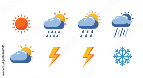 Colorful weather icons depicting sun clouds rain lightning and snow