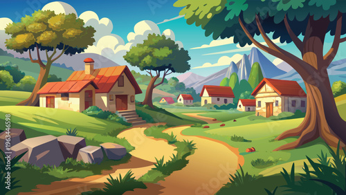 A serene countryside landscape featuring charming rustic cottages nestled in a lush green valley