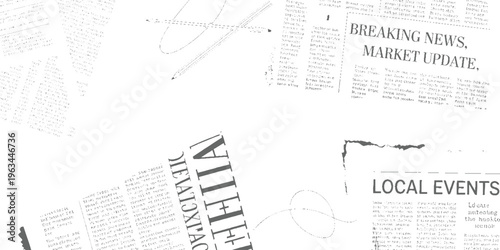 Newspaper clippings with headlines breaking news and local events in grayscale text print