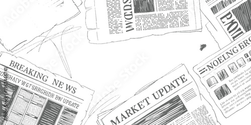 Hand drawn of scattered newspapers with headlines like breaking news and market update