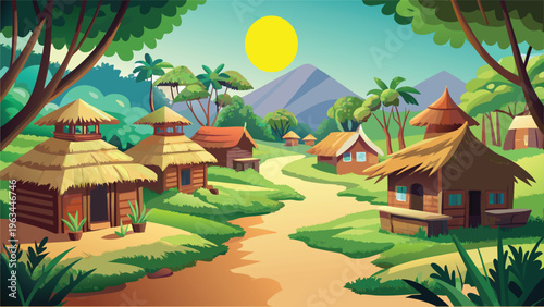 A serene tropical village scene with thatched huts nestled under a bright golden sun in nature
