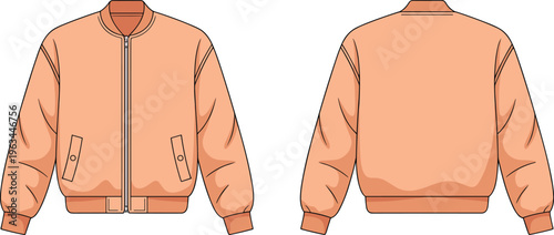 Front and back view of a peach colored bomber jacket technical fashion sketch vector illustration for apparel design mockup and tech pack template, featuring a zipper and pockets.