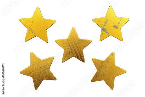 Five gold stars with grunge texture representing rating, quality, success, and customer review scores on transparent background