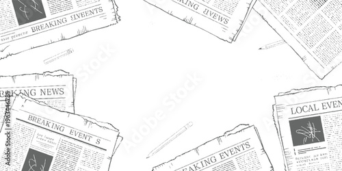 Scattered newspapers with headlines reading breaking news and local events with pencils on a white background