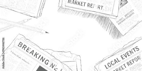 Torn newspaper pages with headlines breaking news market report and local events and a pencil