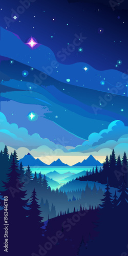 A serene nighttime landscape with a starry sky and silhouetted trees