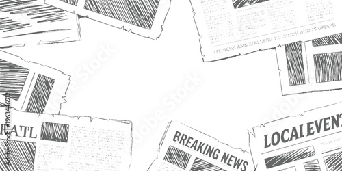 Hand drawn of scattered newspapers with headlines breaking news and local events