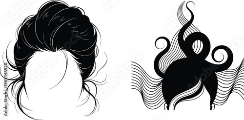 Stylized black silhouette of flowing hair and abstract octopus tentacles with wavy lines.