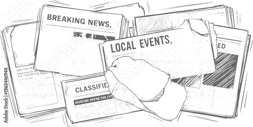 Stack of torn and crumpled newspapers with headlines breaking news local events and classifieds