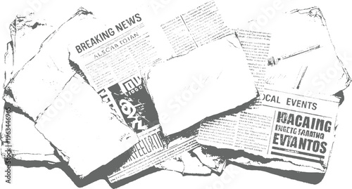 Pile of crumpled grey newspapers with headlines breaking news and local events