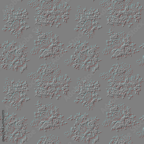 3d embossed floral roses flowers seamless pattern. Textured white gray emboss vector background with relief line art rose flowers, leaves, berries. Beautiful surface endless texture with 3d effect.