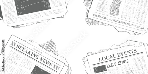 Four newspapers with headlines breaking news and local events in grayscale