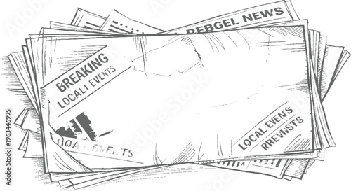 Stack of hand drawn newspapers with headlines breaking local events and local events reviewers