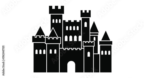 Detailed black castle illustration with towers and a prominent silhouette