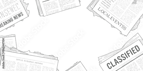Scattered newspaper pages with headlines and text in a style breaking classified local