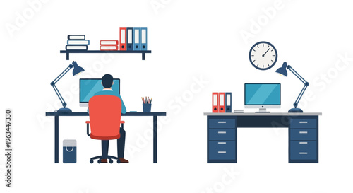 Modern office workspace with two desks and a seated figure silhouette