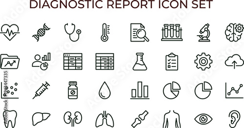 Diagnostic report outline icon set with medical analytics laboratory results symbols for healthcare apps dashboards interfaces presentations clinical documentation platforms
