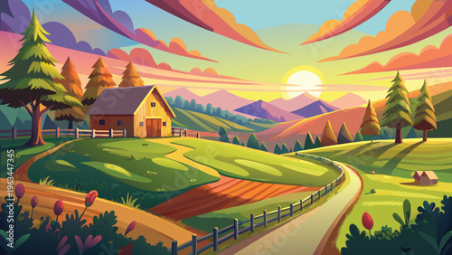 A serene countryside farmhouse nestled among rolling green hills at a vibrant golden sunset hour