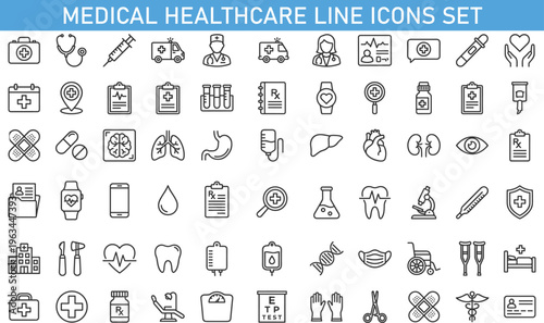 medical healthcare line icons set, hospital doctor medicine symbols collection, healthcare diagnostic treatment tools outline icons, modern medical healthcare vector icon pack design