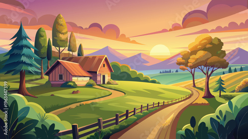A serene countryside landscape featuring a cozy cottage nestled among rolling green hills at sunset