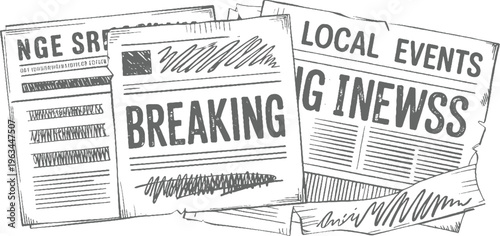 Hand drawn of newspapers with headlines b r e a k i n g n e w s and l o c a l e v e n t s in grey tones