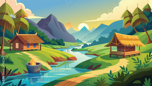 A serene landscape illustration featuring two rustic wooden huts beside a flowing river in valley