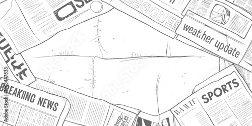 Hand drawn of scattered newspapers with headlines breaking news sports and weather update