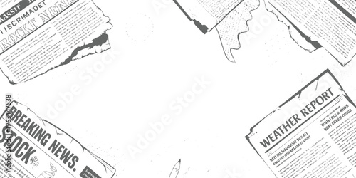 Torn newspaper clippings with headlines breaking news stock report and weather report in grayscale