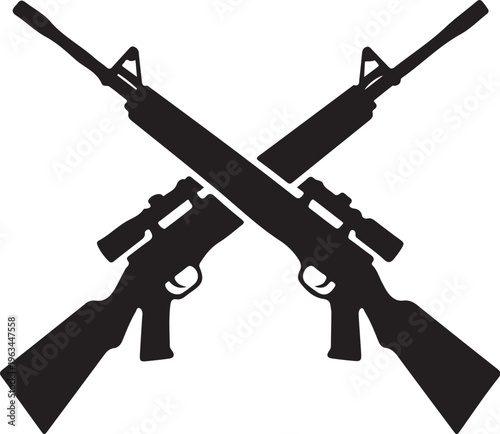 Crossed rifle and pistol silhouettes, black firearms icons, gun vector graphics, weapons symbols