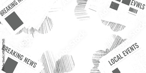 Scattered newspaper clippings with breaking news and local events text and grey boxes