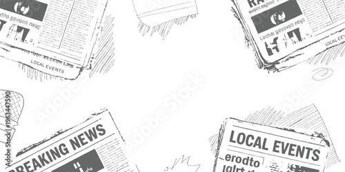 Four newspapers with headlines like breaking news and local events scattered across a white background with sketched