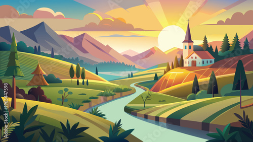 A serene landscape featuring a winding river flowing through green hills under a golden sunset