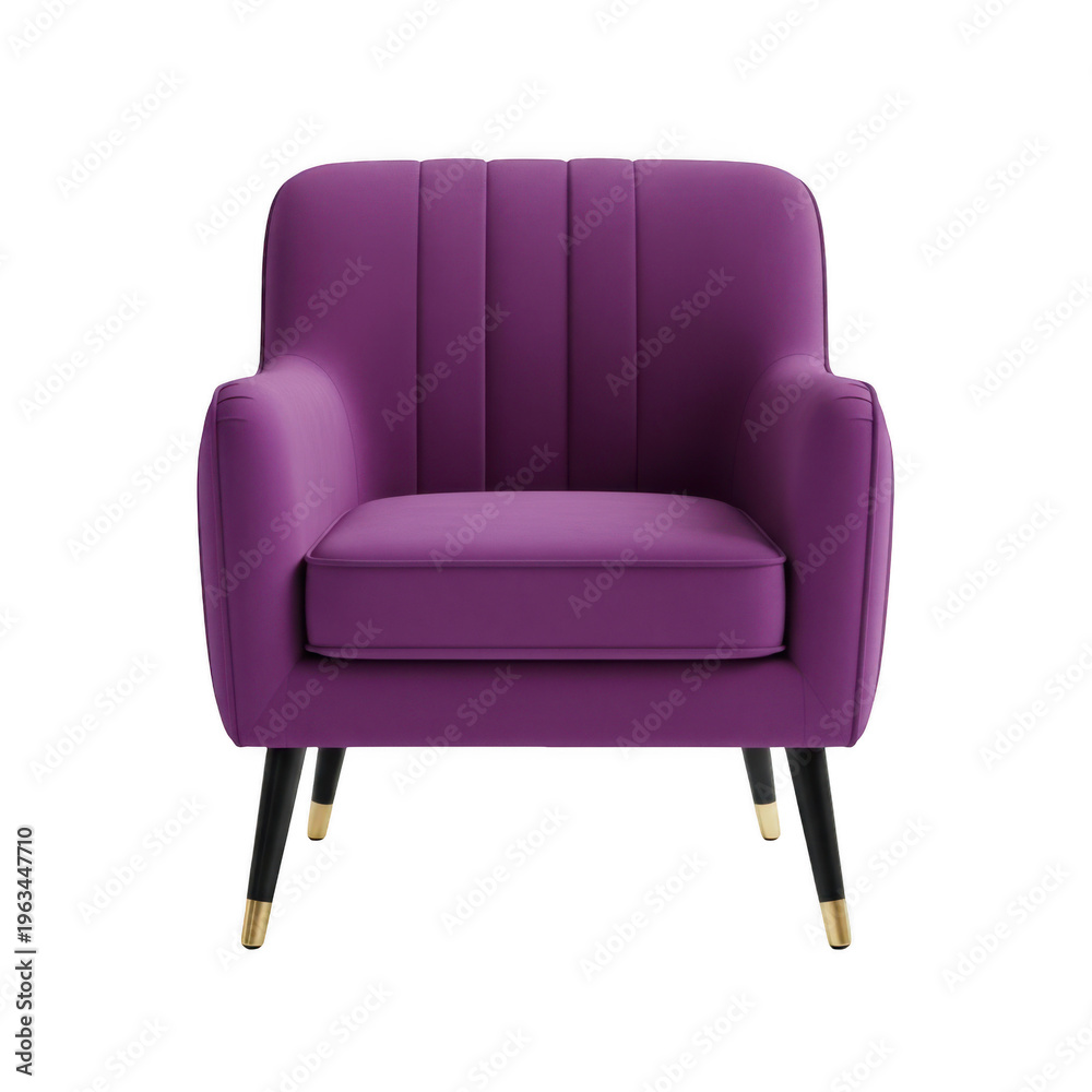 Obraz premium A comfortable purple armchair with vertical channel tufting and elegant black legs with gold tips