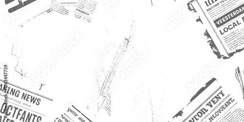 Scattered grey newspaper fragments with headlines and text on white background