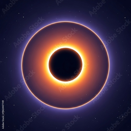 Solar eclipse with bright ring of light around dark center in space with stars