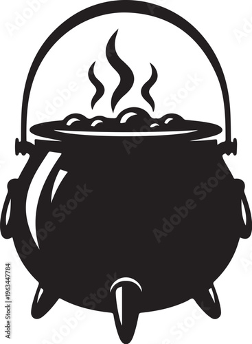Black cauldron, witchcraft symbol, boiling pot, magic icon, vector illustration