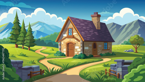 A peaceful stone cottage nestled in a vibrant mountain valley landscape during a sunny spring day