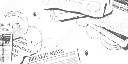 Torn newspaper pages with headlines and text in grayscale